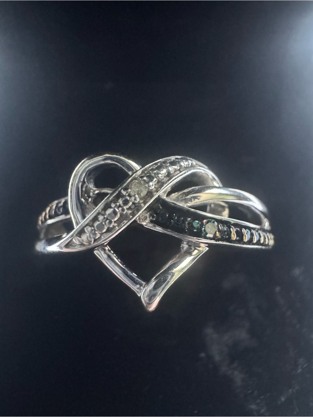 Jane Seymour Sterling Silver Heart & Infinity Ring with clear and black diamonds